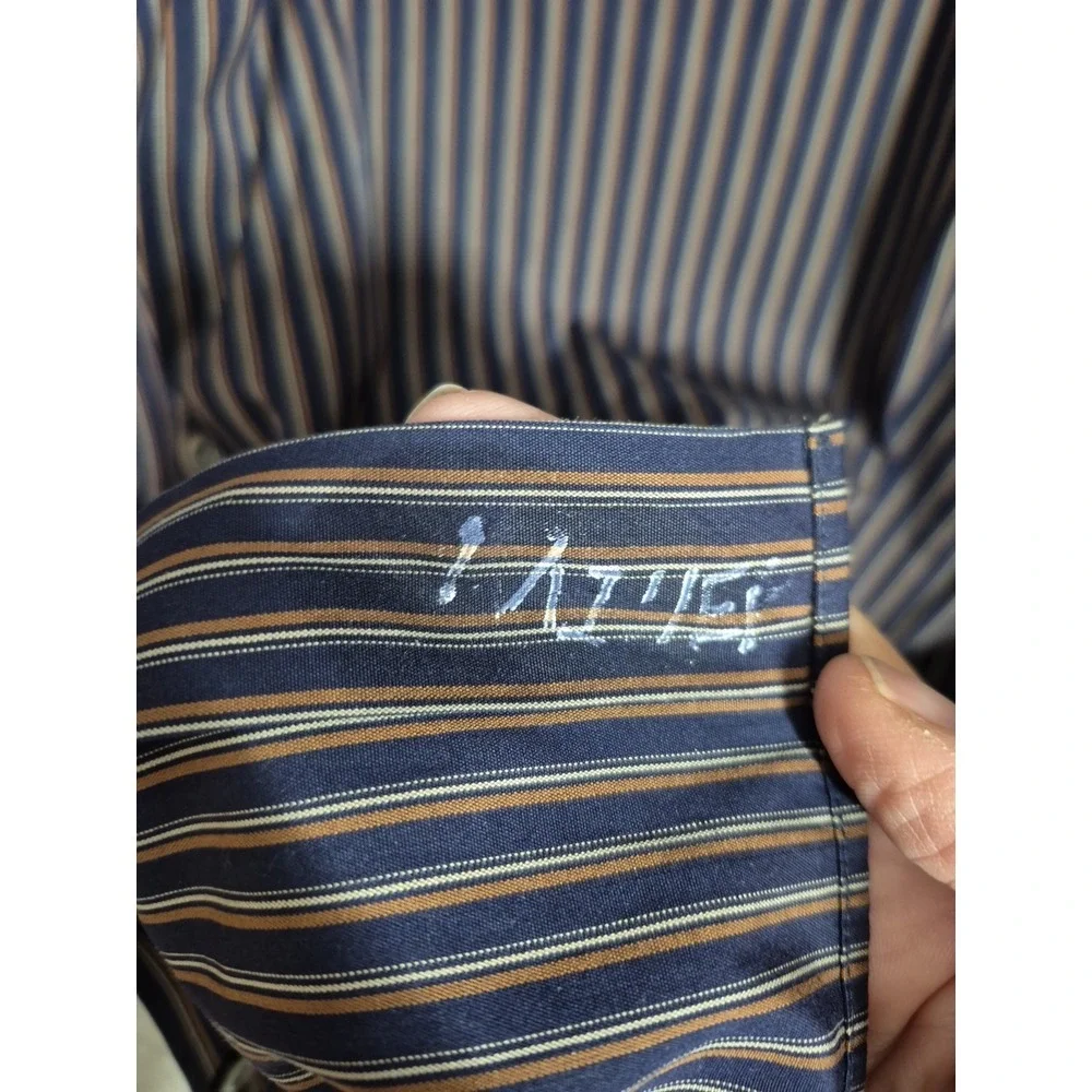 Banana Republic Shirt Mens 17 -17.5XL Black/Brown Stripe Woven In Italy Slim Fit